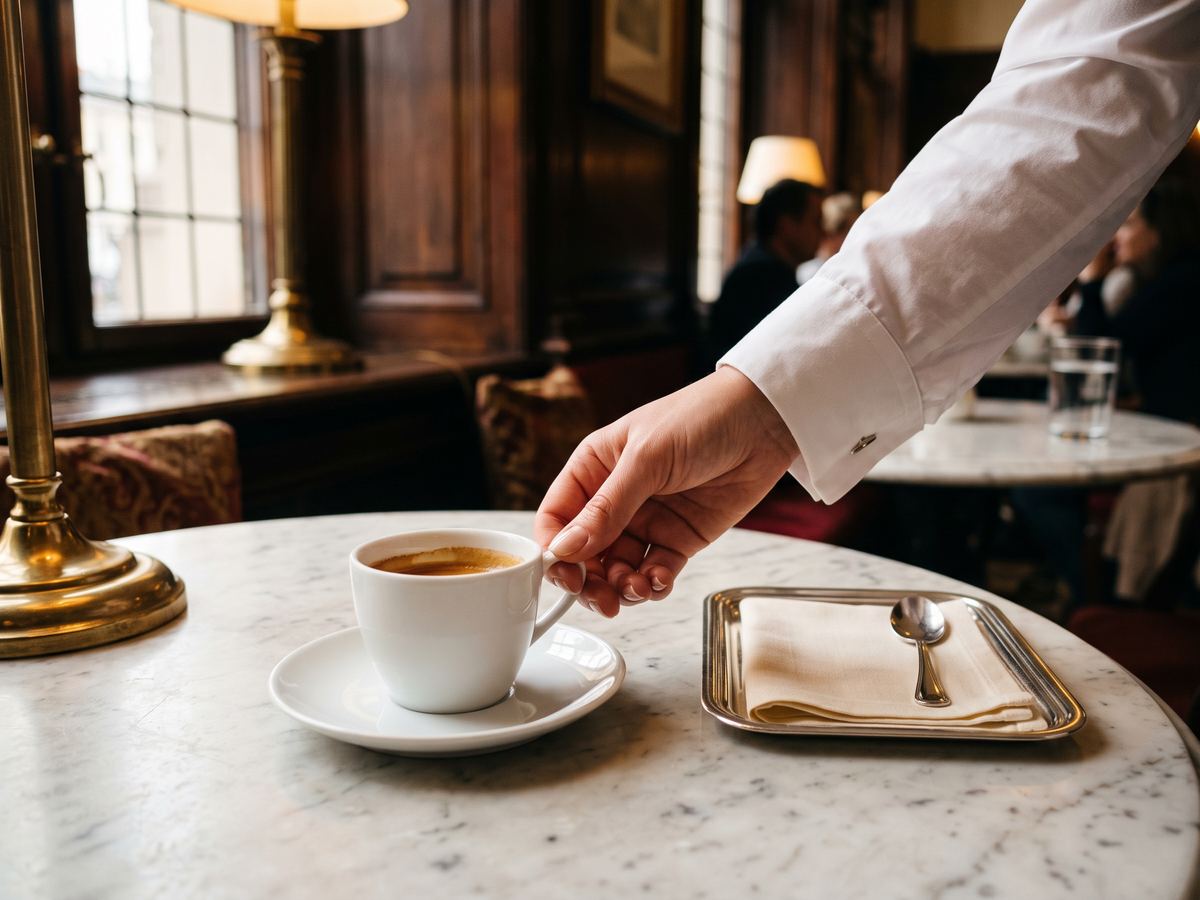 Espresso wird auf einem Marmortisch serviert