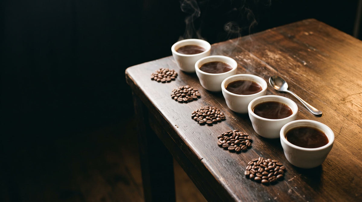Fünf Tassen Kaffee mit Bohnen nebeneinander auf einem Holztisch