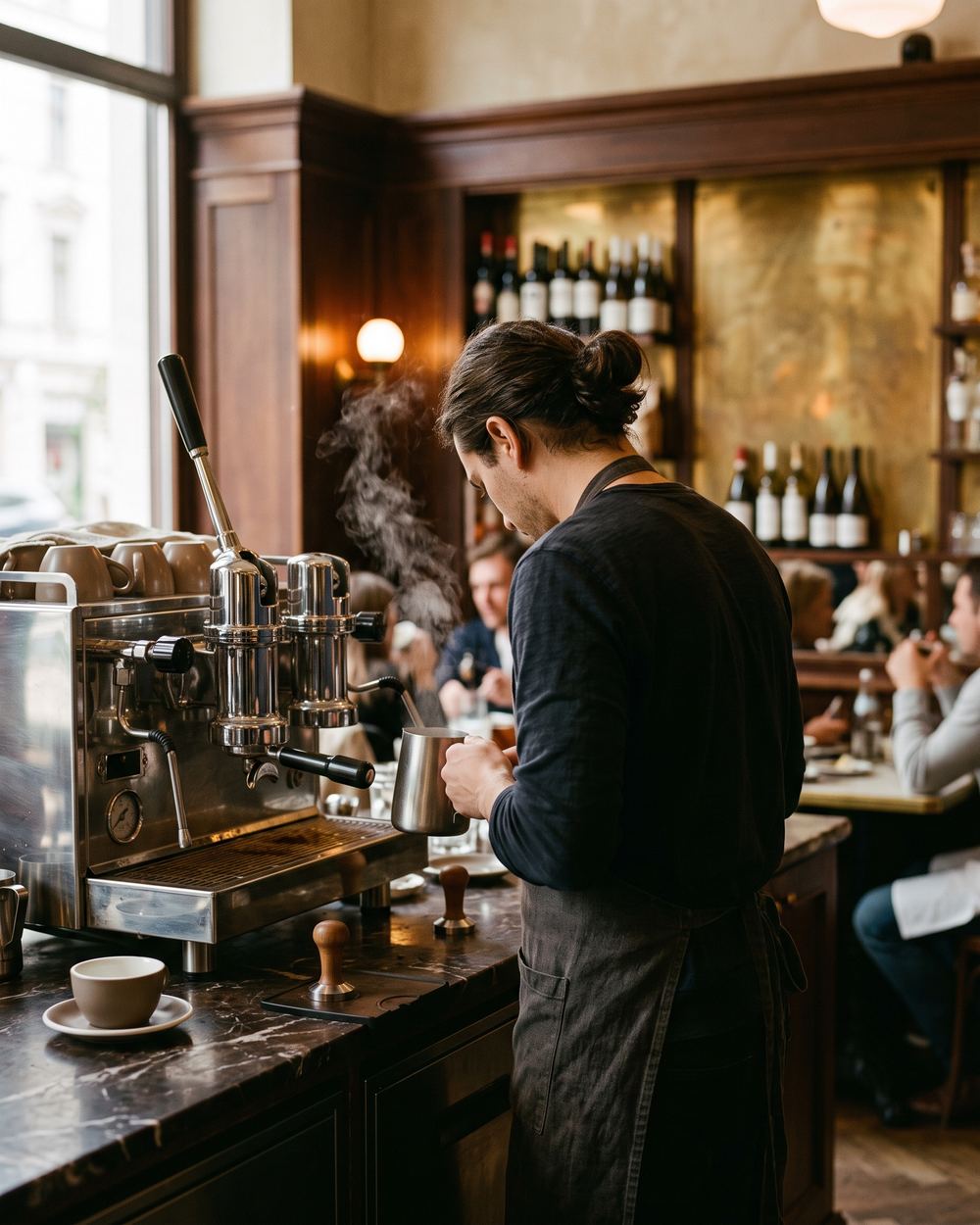 Barista schäumt Milch an der Espressomaschine eines Cafés