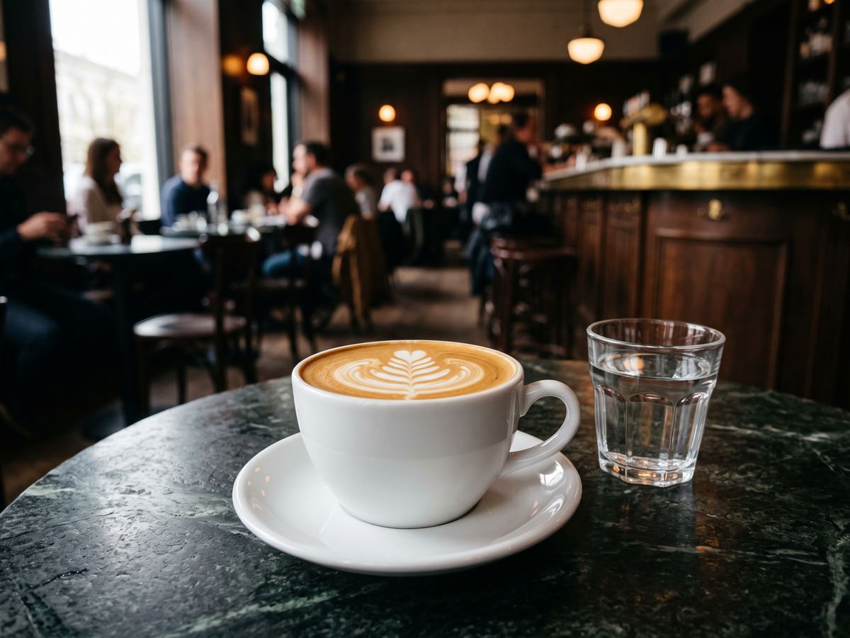 Flat White mit Latte Art auf einem Marmortisch