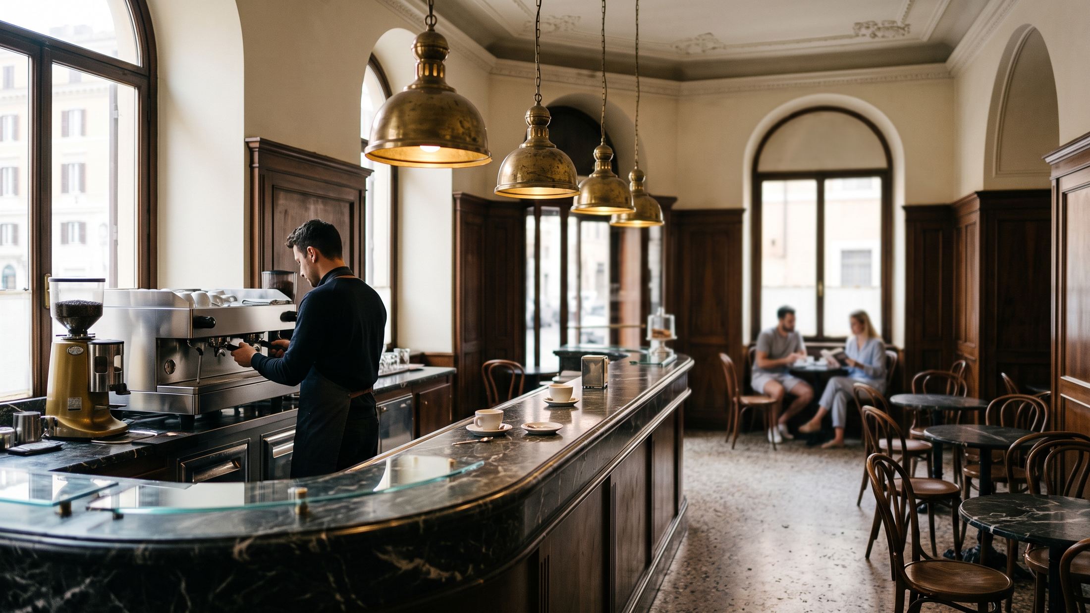 Elegantes Café mit Marmorbar und Espressomaschine