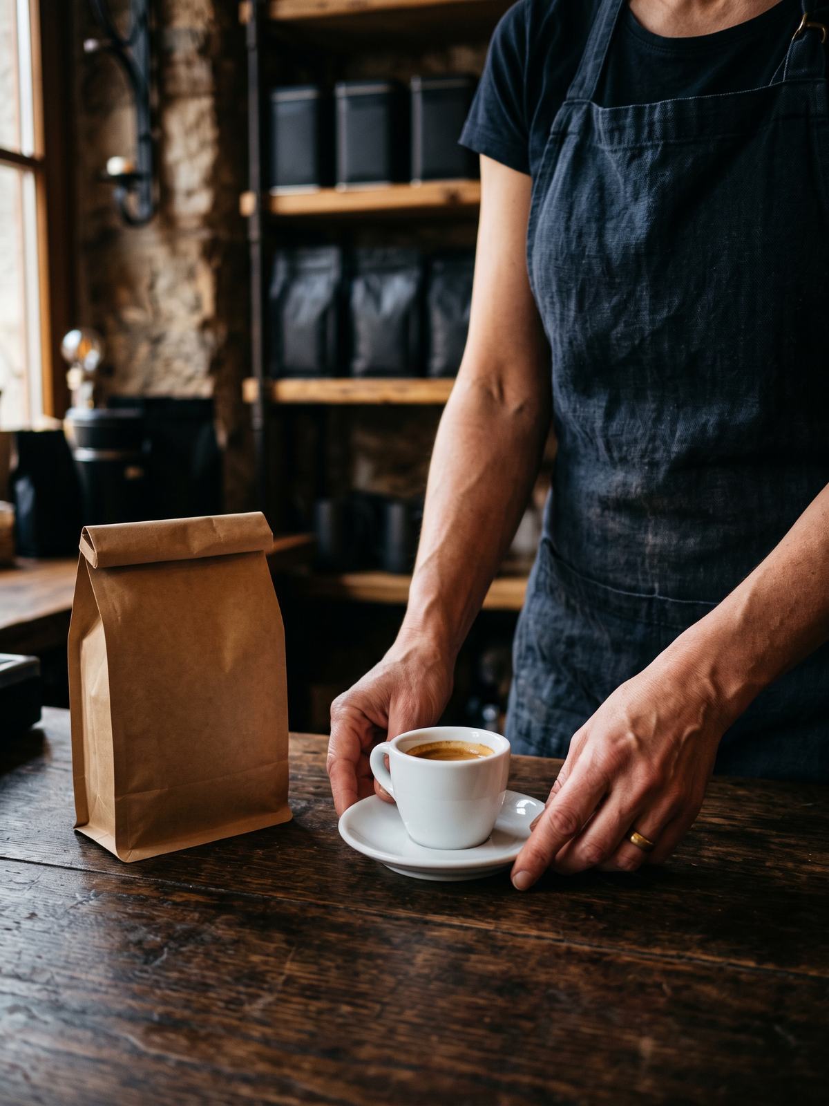 Hände reichen einen Espresso über den Tresen der Rösterei